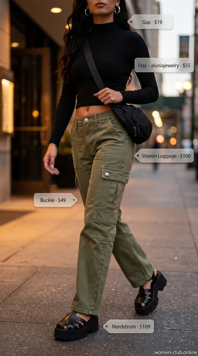 Olive green cargo pants for rooftop summer date night outfits for women 2026. Practical and edgy.