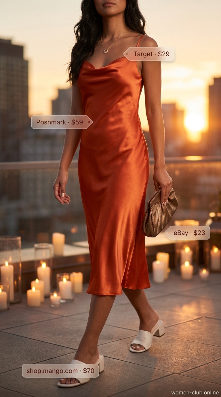 Terracotta satin dress for rooftop summer date night outfits for women 2026. Romantic & warm.