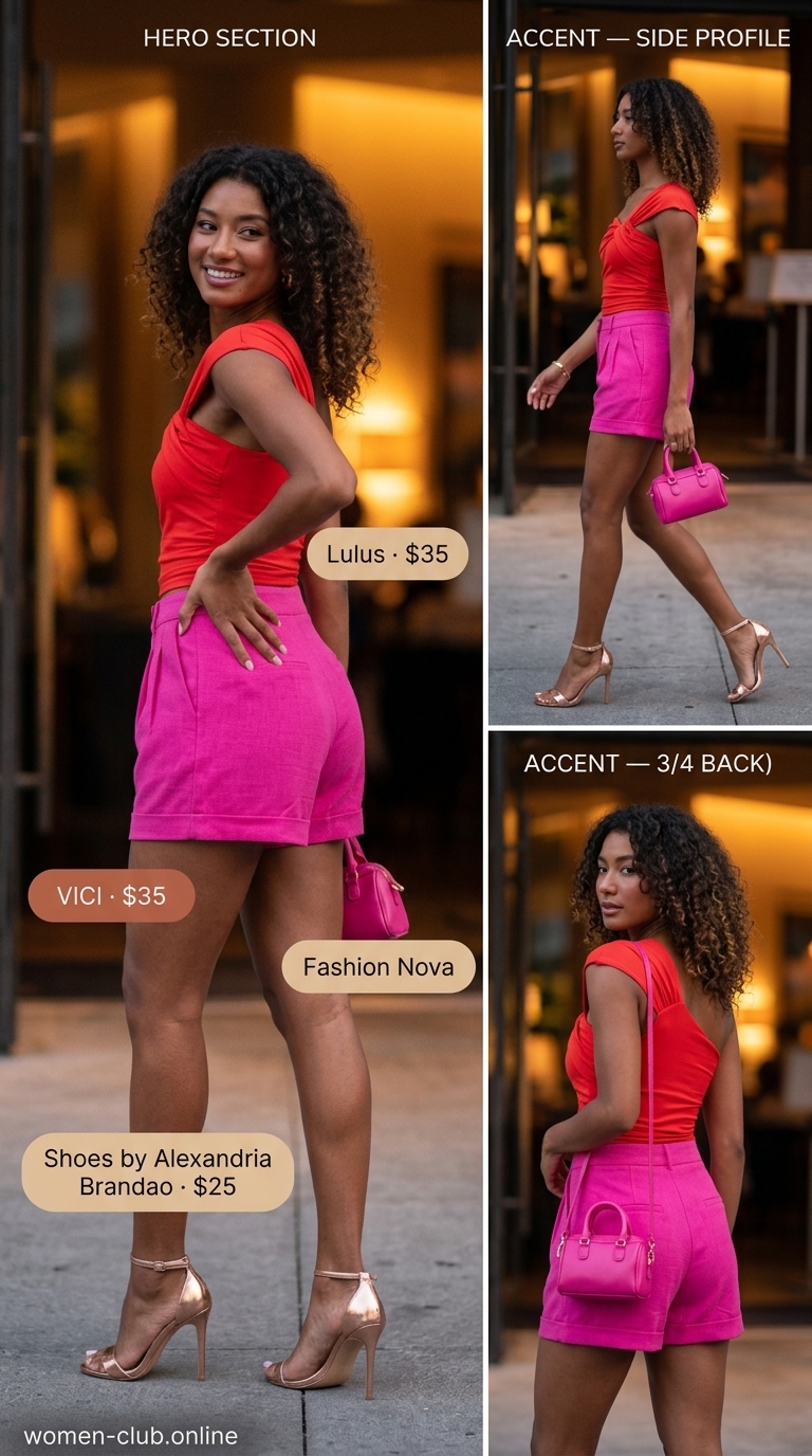 Hot pink tailored shorts, red one-shoulder top & rose gold heels for playful rooftop summer date night outfits 2026.