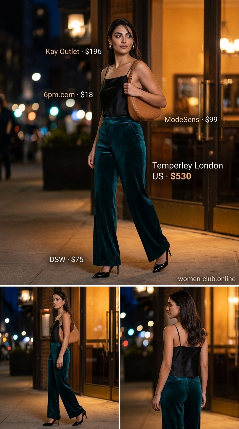 Teal velvet pants for rooftop summer date night outfits for women 2026. Luxurious & sensual.
