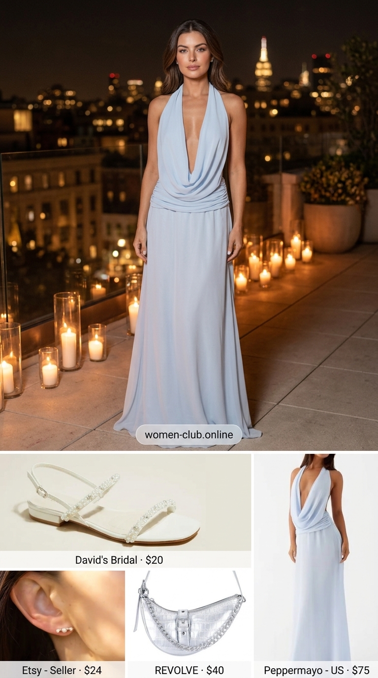 Powder blue maxi dress for rooftop summer date night outfits for women 2026. Elegant & serene style.
