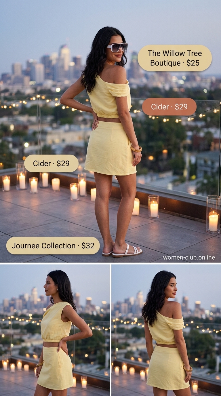 Yellow linen matching set for rooftop summer date night outfits for women 2026. Vibrant & playful.