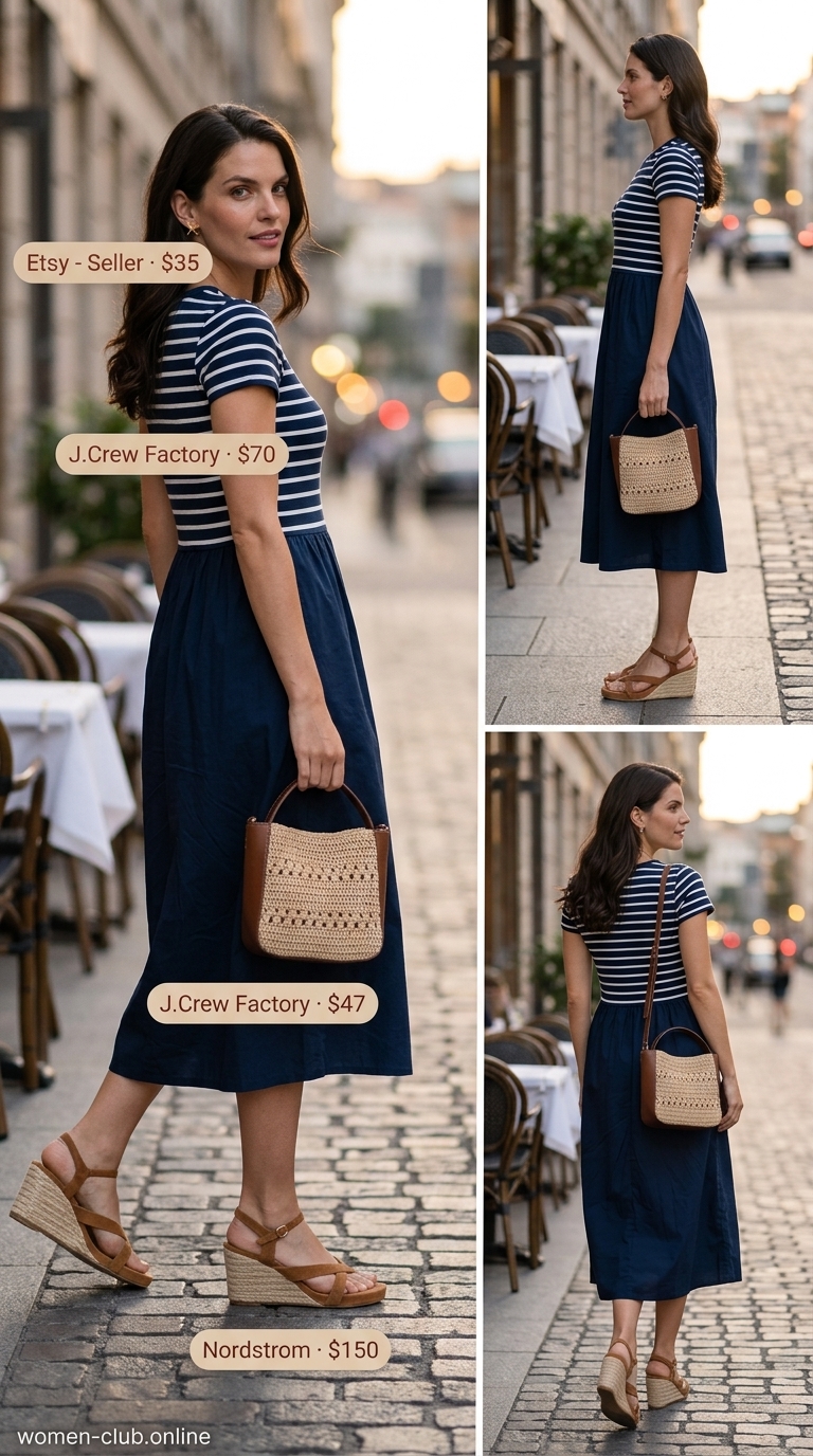 Navy and white striped dress for rooftop summer date night outfits for women 2026. Classic and fresh.