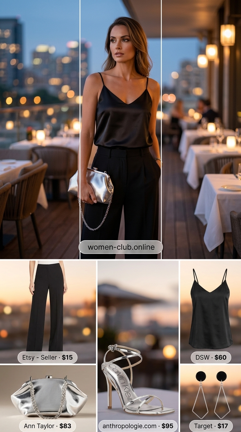 Black wide-leg trousers for rooftop summer date night outfits for women 2026. Sophisticated & sleek.