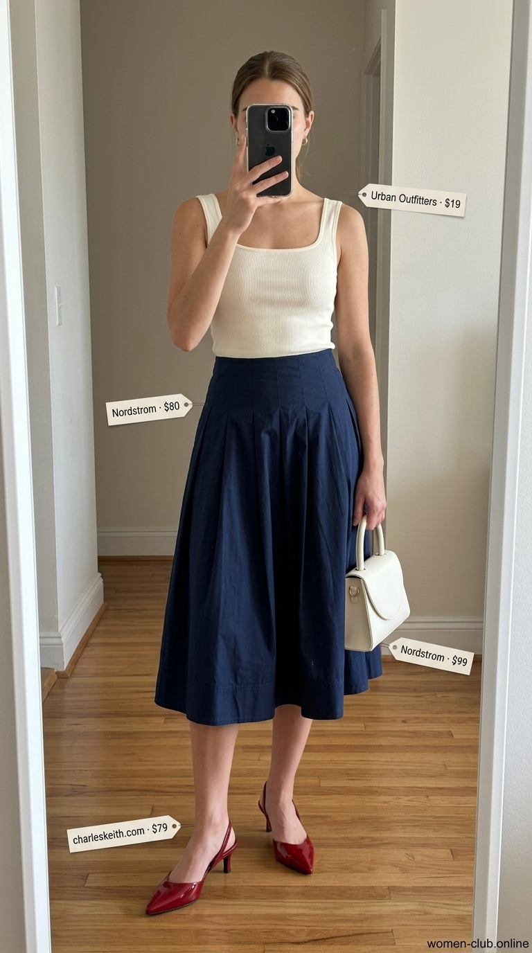 Navy midi skirt, cream crop top & red heels for chic rooftop summer date night outfits 2026.