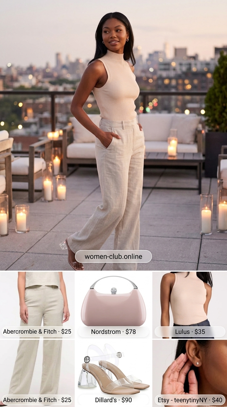 Peach linen pants for rooftop summer date night outfits for women 2026. Chic & feminine style.