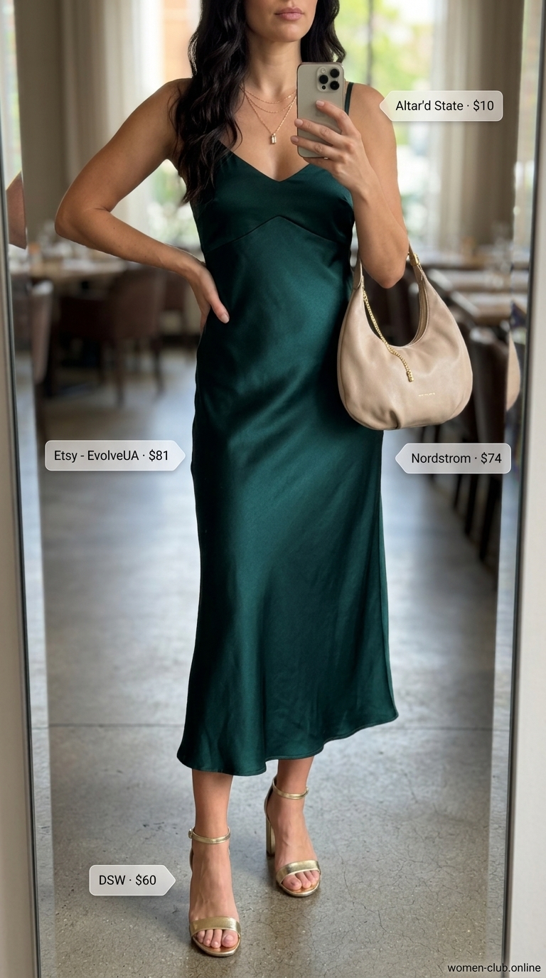 Emerald green satin slip dress with gold sandals for romantic rooftop summer date night outfits 2026.