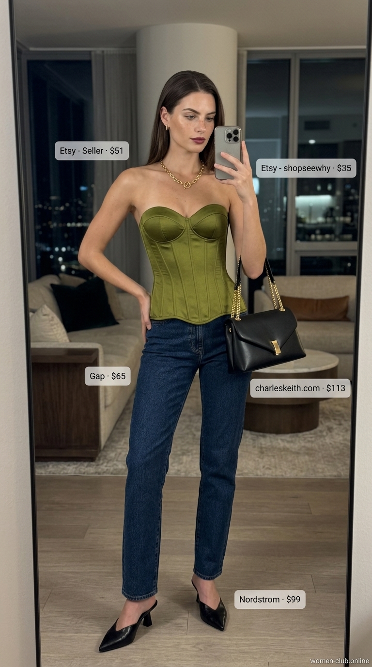 Dark wash jeans, olive satin corset top & black mules for edgy rooftop summer date night outfits 2026.