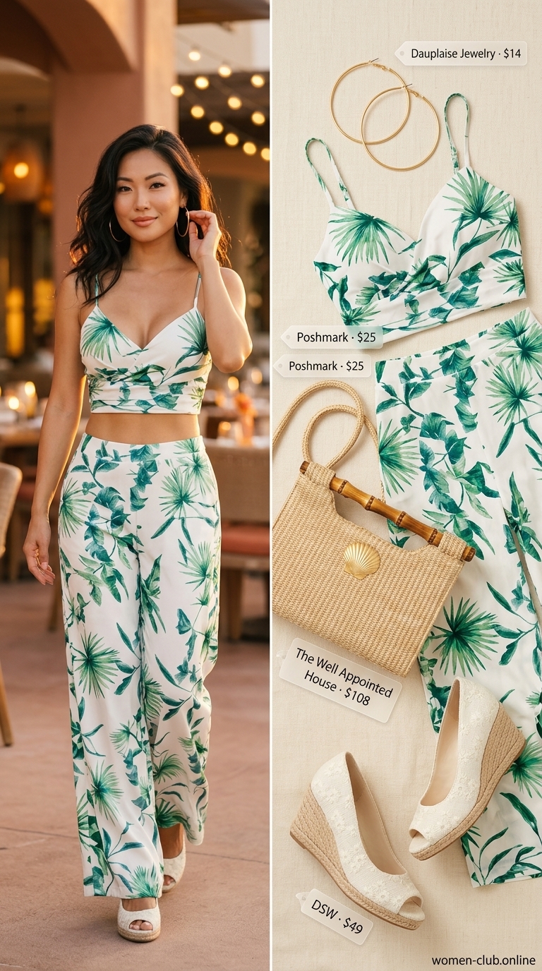 Tropical print matching set with espadrille wedges for unique rooftop summer date night outfits 2026.