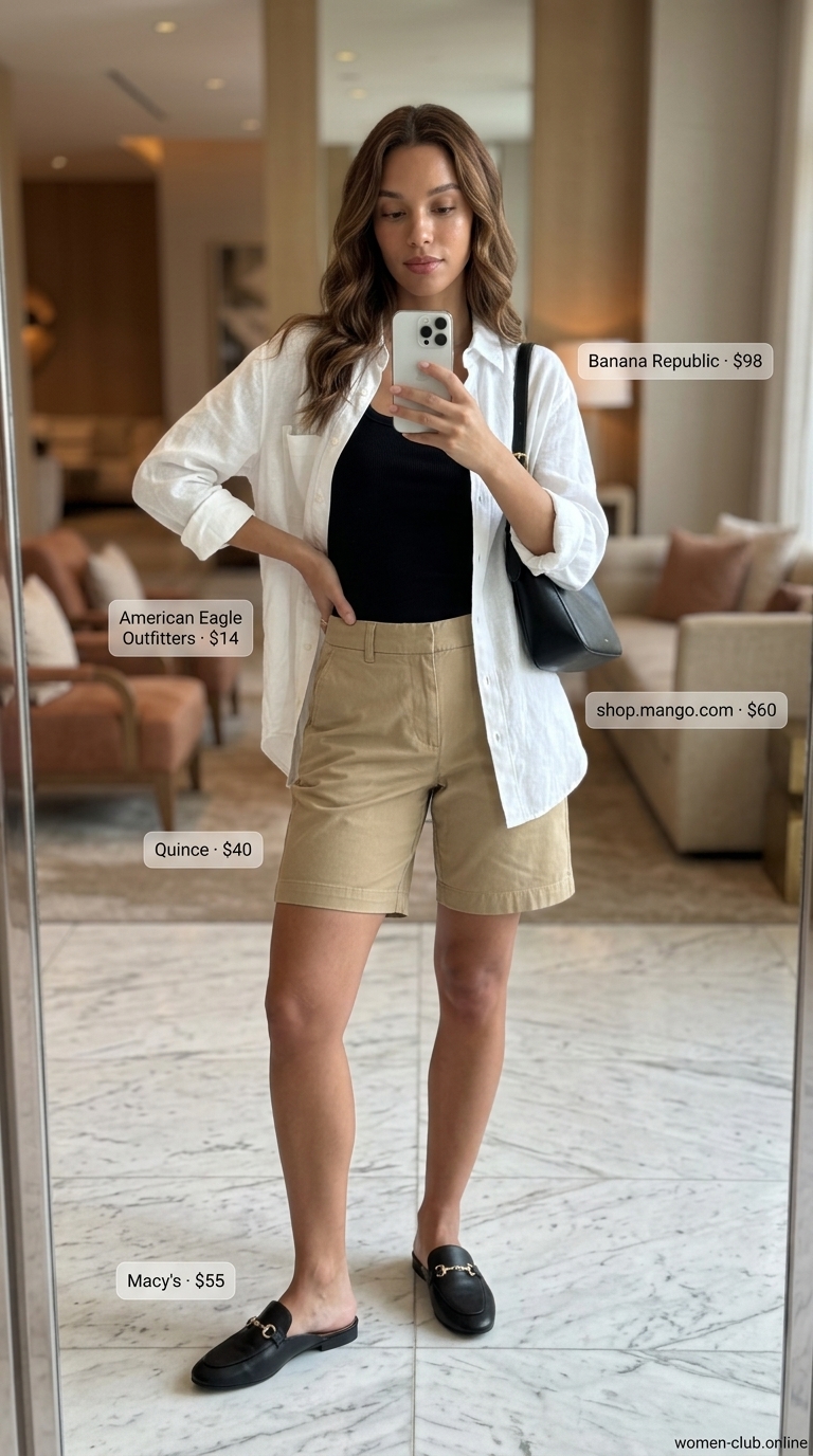 Khaki Bermuda shorts, white linen shirt & black tank for elevated casual rooftop summer date night outfits 2026.