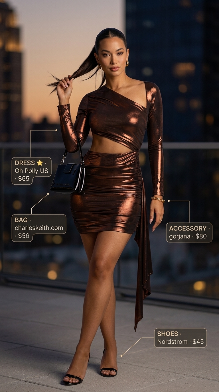 Bronze metallic mini dress with black heels for glamorous rooftop summer date night outfits 2026.