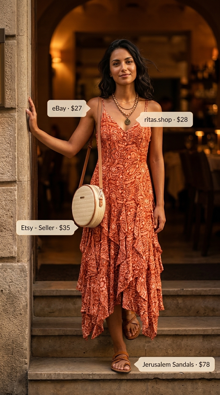 Sunset orange maxi dress with straw hat & sandals for bohemian rooftop summer date night outfits 2026.