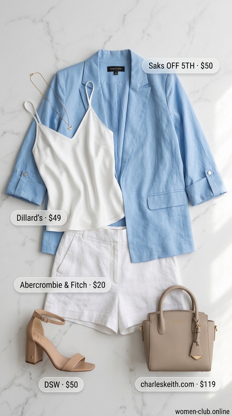 Sky blue linen blazer, white camisole & tailored shorts for chic rooftop summer date night outfits 2026.