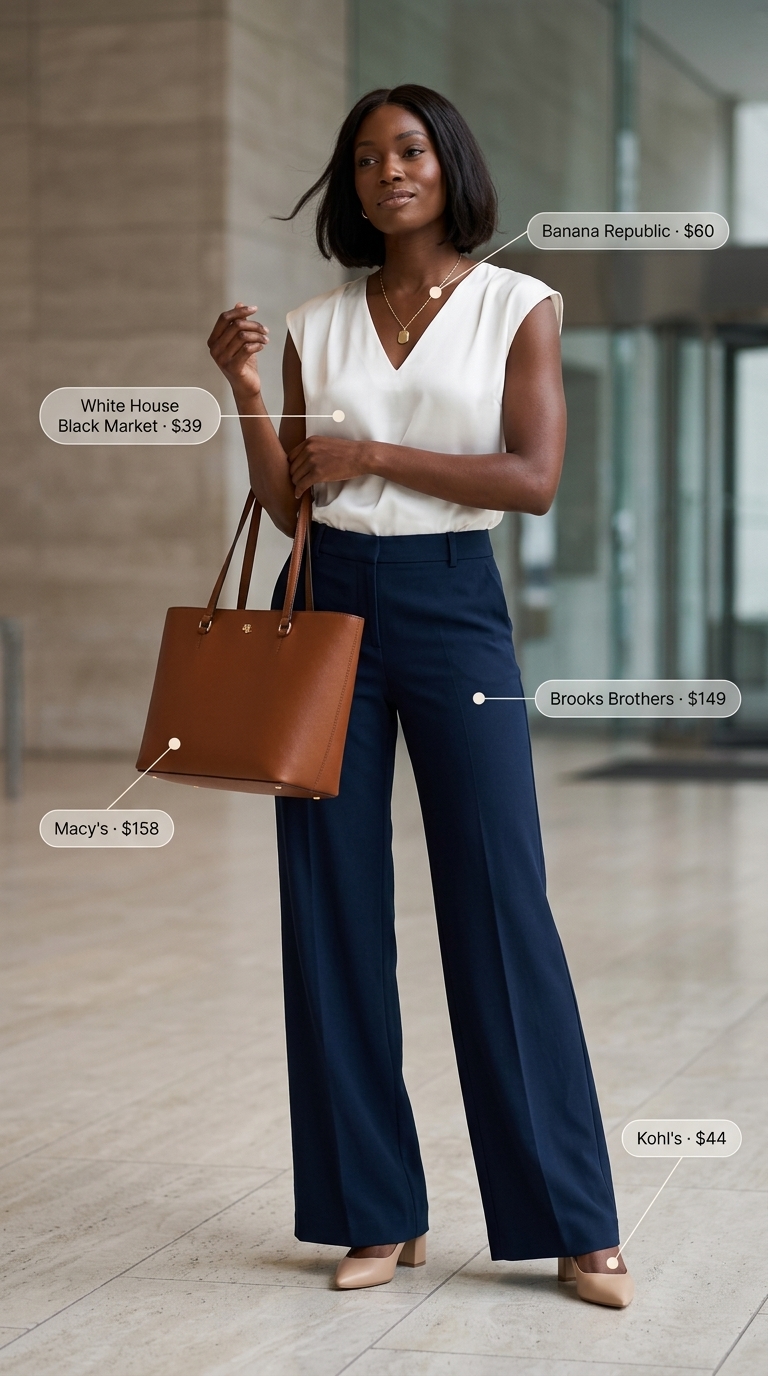 Navy wide-leg trousers for summer business casual outfit for women 2026. Confident office look with cream silk top.