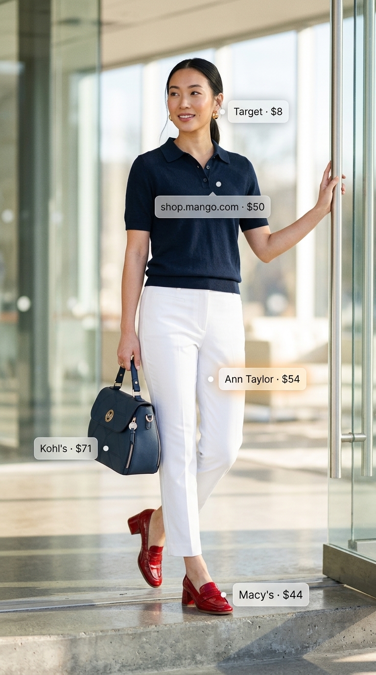 Crisp white cropped pants for summer business casual outfit for women 2026. Preppy office look with navy polo.