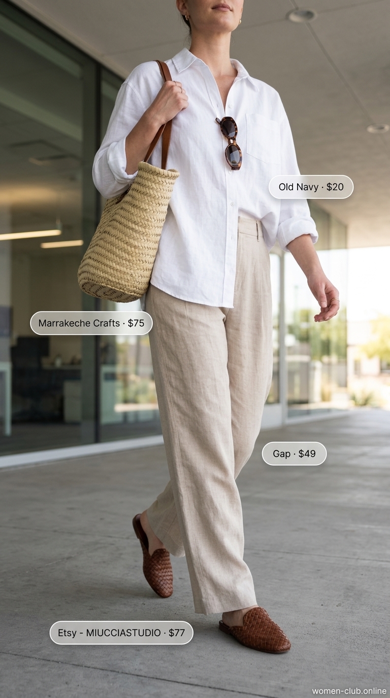 Beige linen trousers for summer business casual outfit for women 2026. Relaxed office look with white oversized shirt.