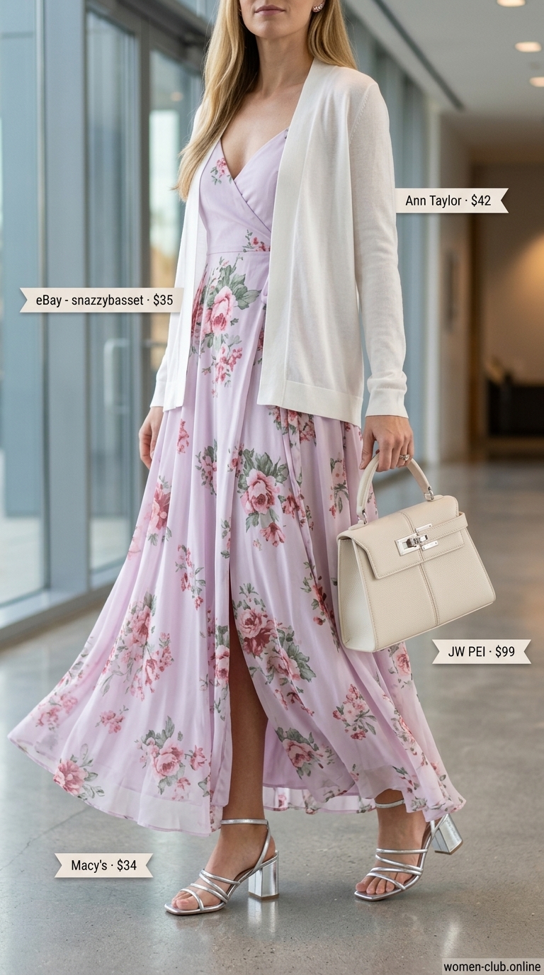 Lavender floral midi dress for summer business casual outfit for women 2026. Feminine office party look with white cardigan.