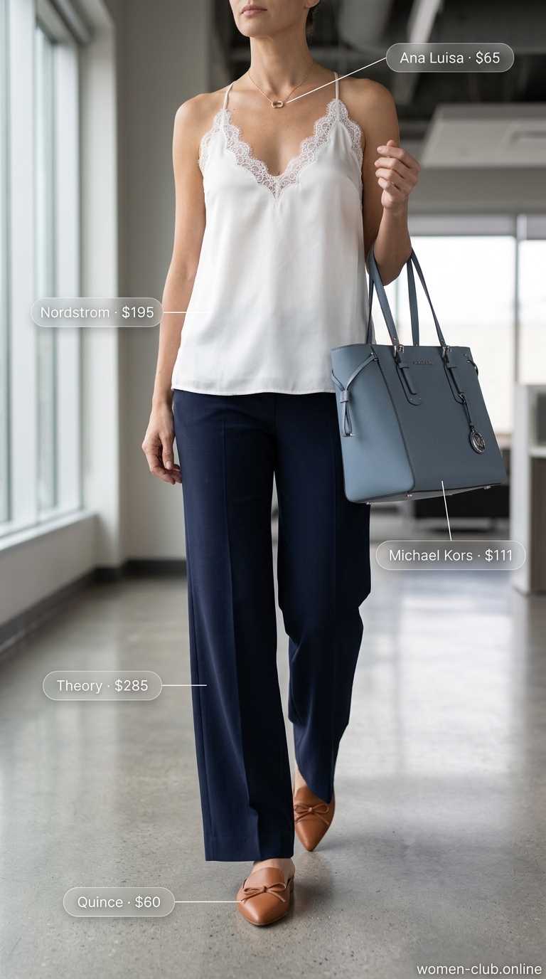 Navy wide-leg trousers outfit for a polished summer business casual look for women in 2026. Great for everyday office.