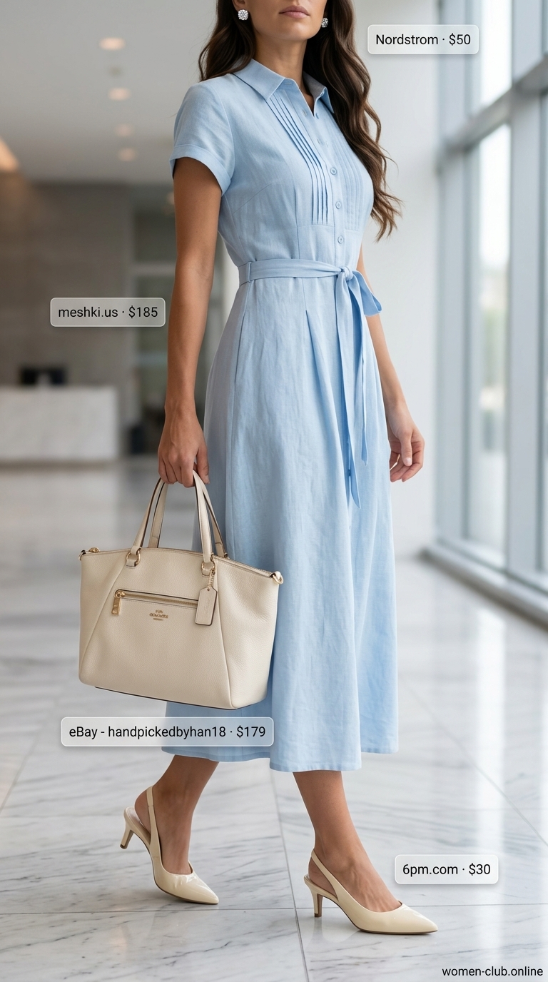 Sky blue shirt dress for a refined summer business casual outfit for women in 2026. Ideal for important meetings.