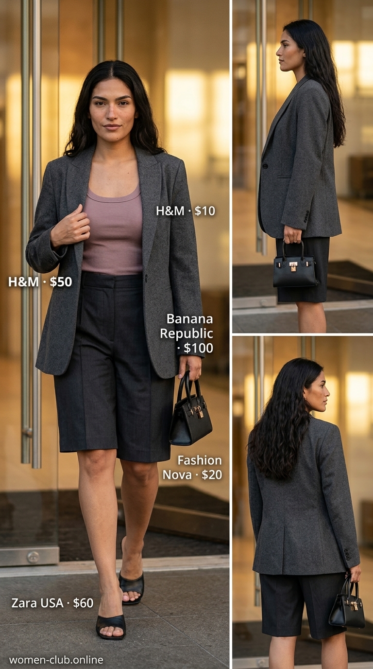 Charcoal gray Bermuda shorts outfit for a chic summer business casual look for women in 2026. Perfect for creative offices.