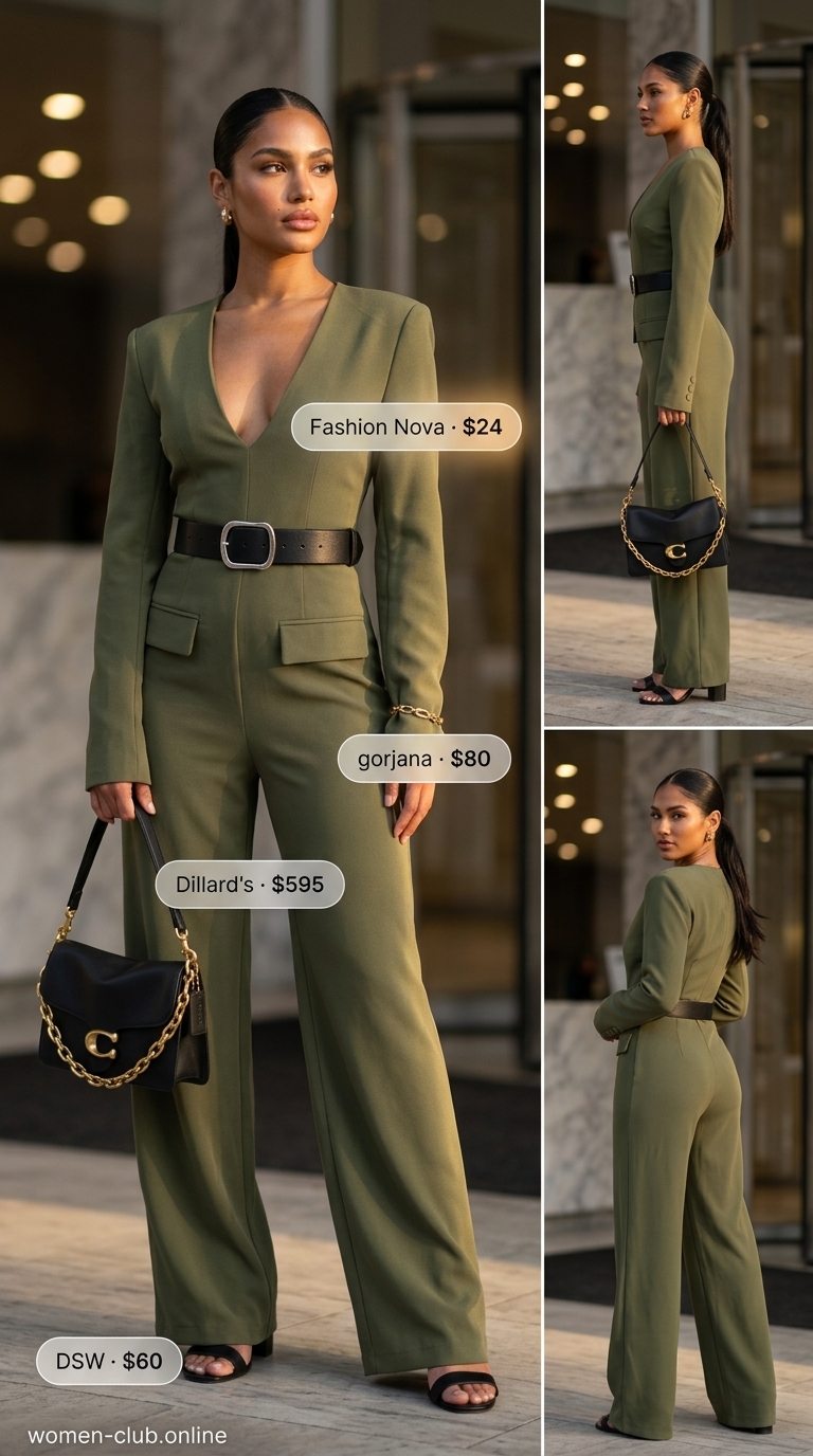 Olive green jumpsuit for a modern summer business casual outfit for women in 2026. Perfect for business travel.