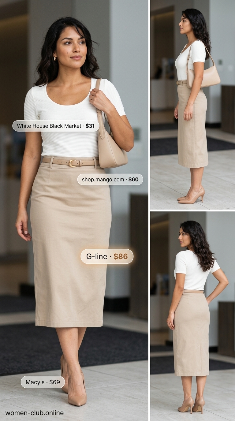 Beige pencil skirt outfit for an approachable summer business casual look for women in 2026. Great for daily office wear.