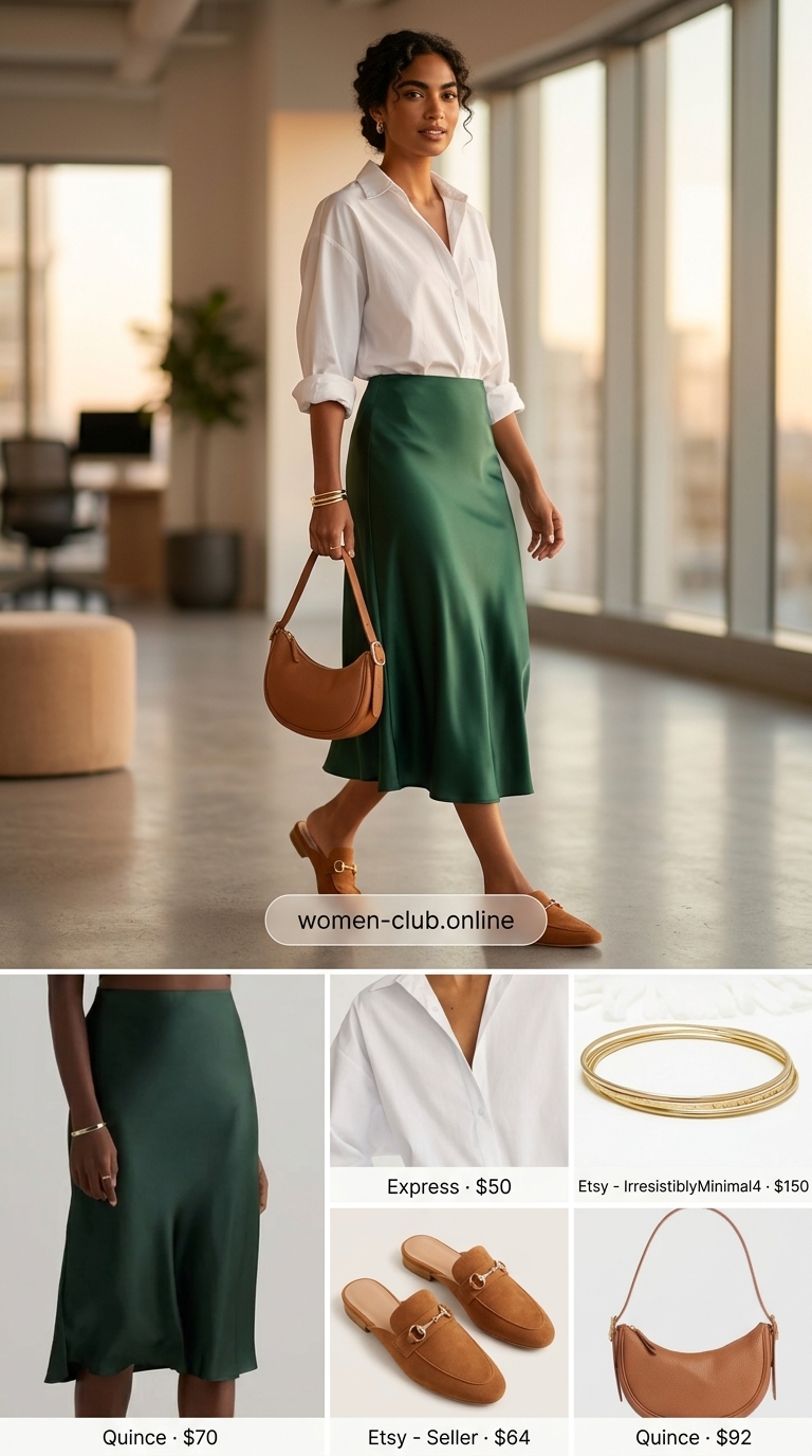 Emerald green slip skirt outfit for an artistic summer business casual look for women in 2026. Great for creative offices.