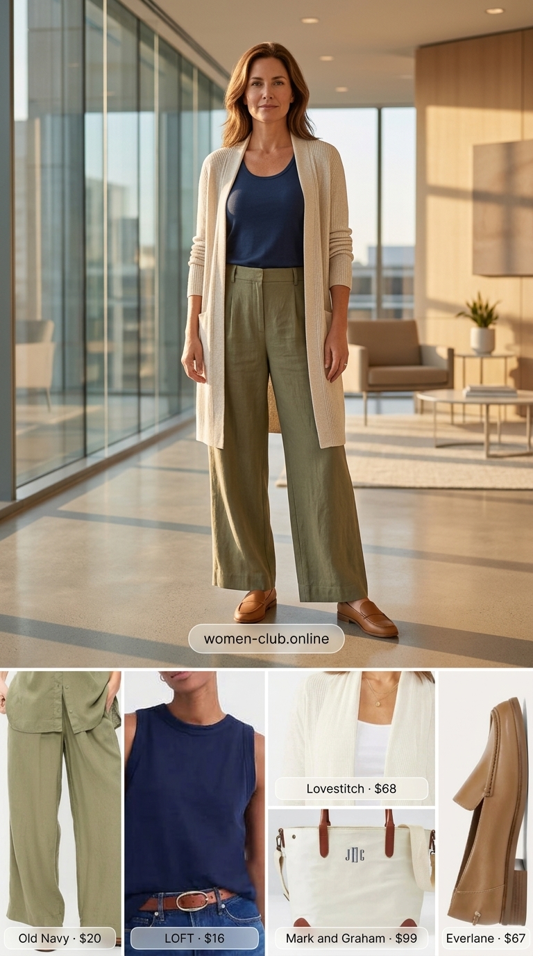 Khaki linen pants outfit for a comfortable summer business casual look for women in 2026. Ideal for casual workdays.