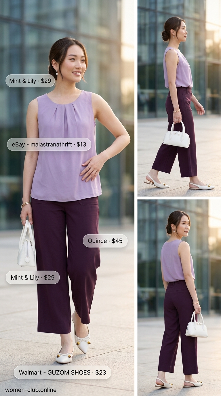 Lavender trousers outfit for a gentle summer business casual look for women in 2026. Ideal for presentations.