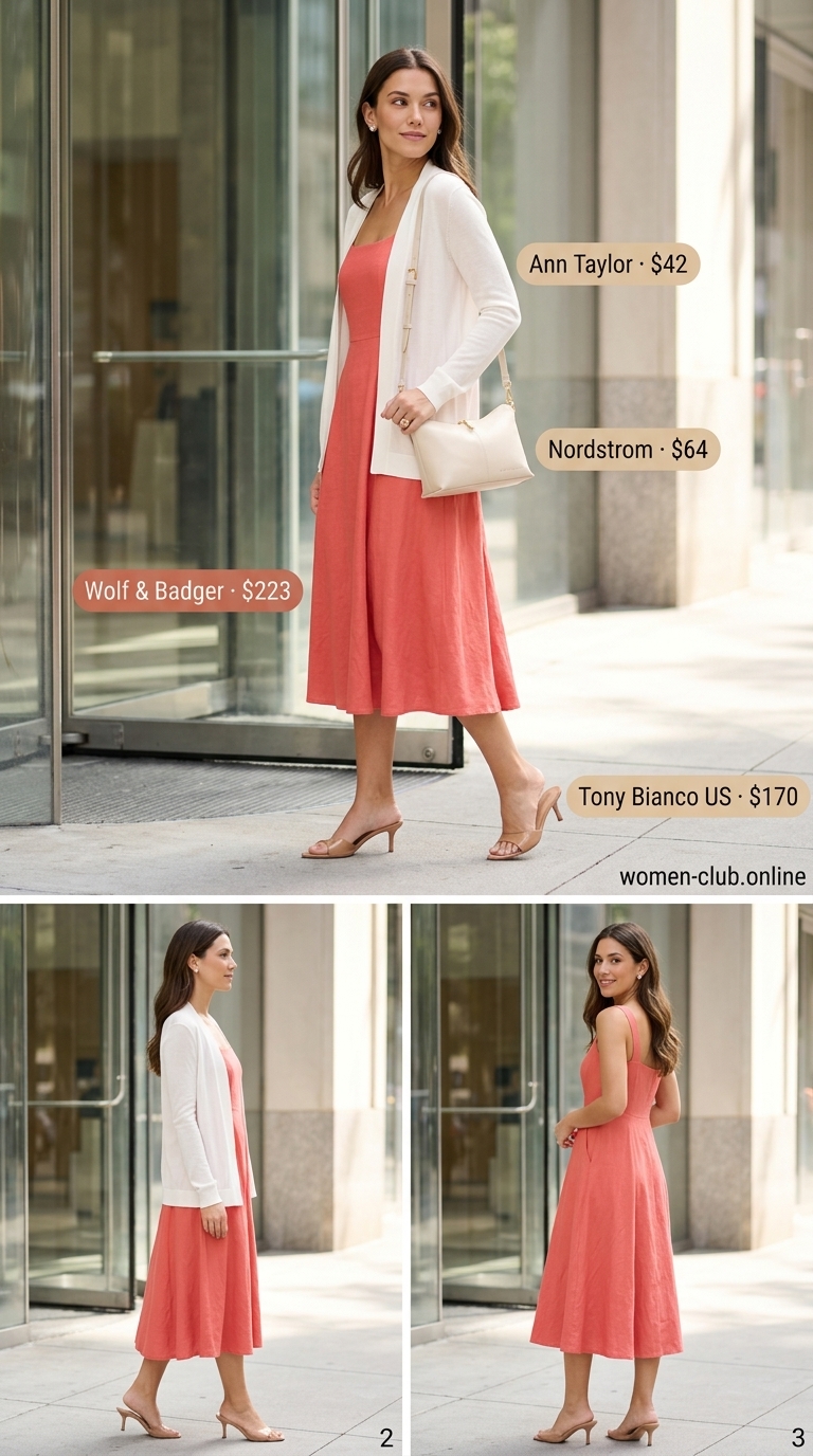Coral linen midi dress outfit for a summer business casual look in 2026. Perfect for office parties & client meetings.