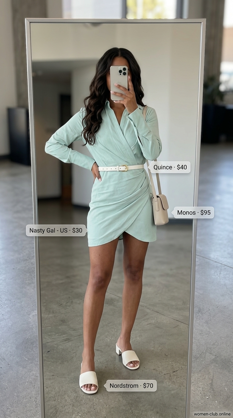 Sage green linen midi dress, cream mules, and gold necklace for a summer business casual outfit for women 2026.