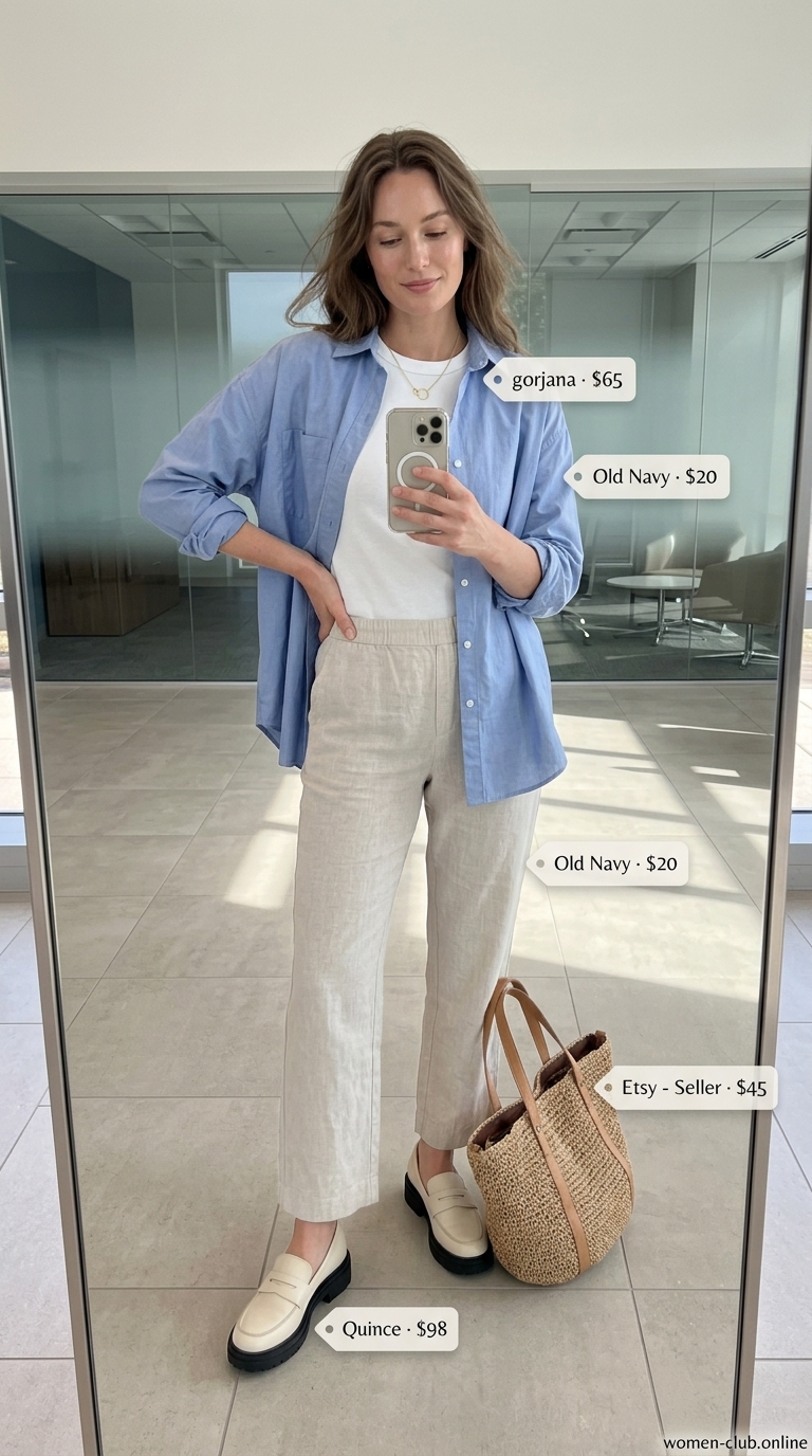 Beige linen pants, light blue button-down shirt, and white loafers for a summer business casual outfit for women 2026.