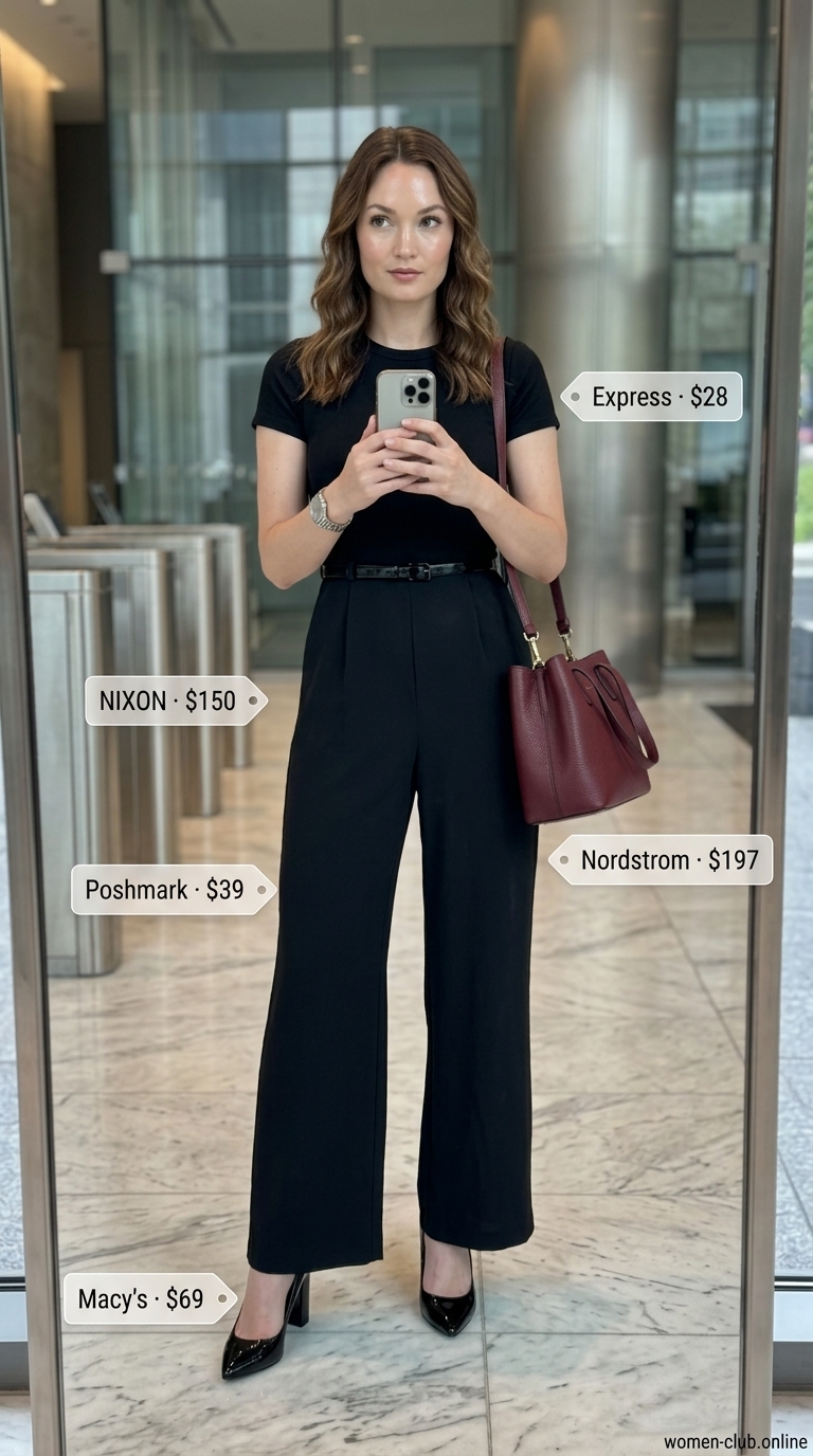 Charcoal gray jumpsuit, black knit top, and deep red satchel for a summer business casual outfit for women 2026.