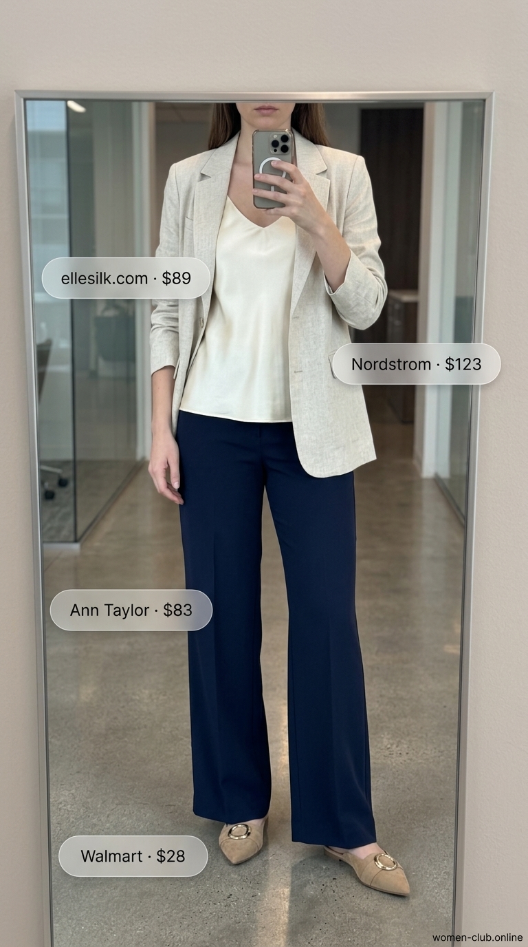 Navy wide-leg trousers, off-white camisole, and tan open-front blazer for a summer business casual outfit for women 2026.
