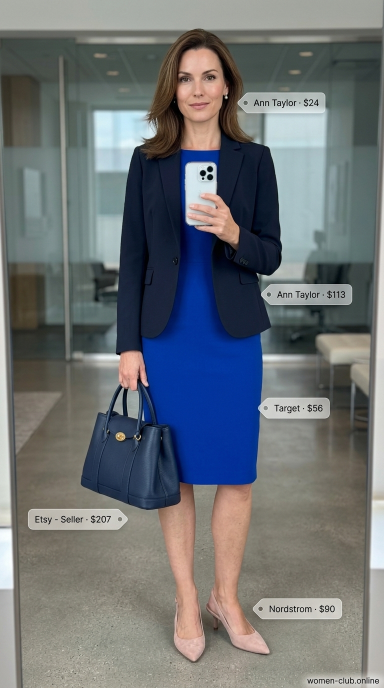 Cobalt blue sheath dress, navy blazer, and nude pumps for a summer business casual outfit for women 2026.