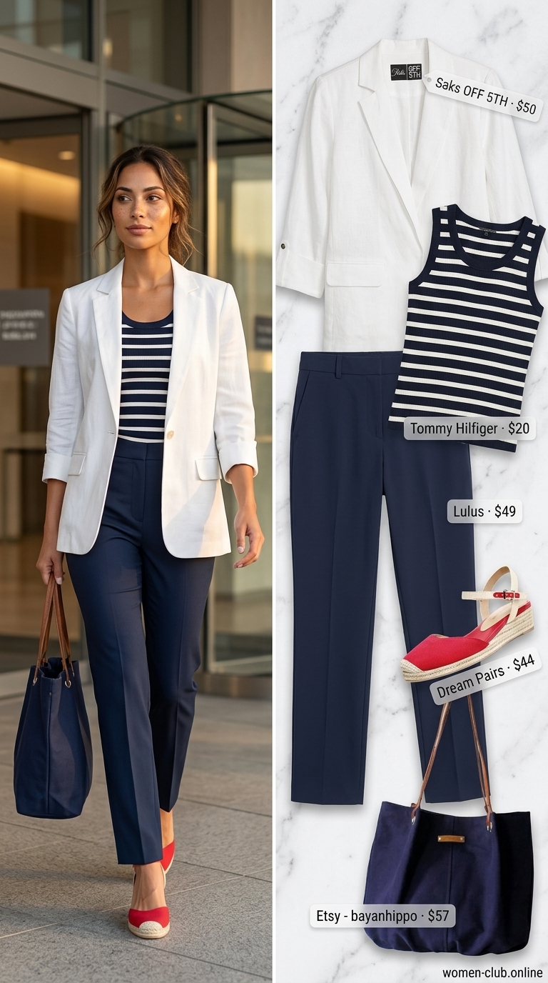 White linen blazer, navy striped tank, and tan espadrilles for a summer business casual outfit for women 2026.