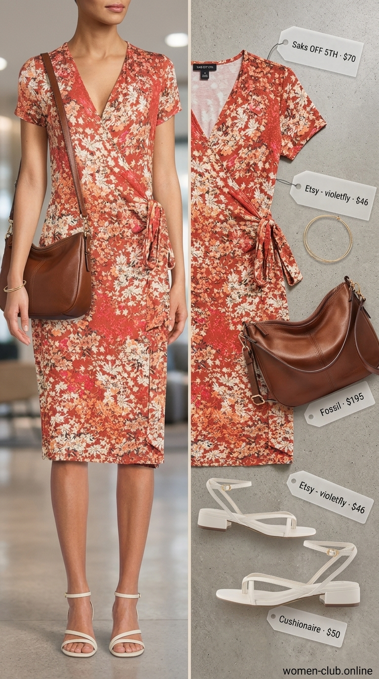 Burnt orange floral midi dress, cream block heels, and brown shoulder bag for a summer business casual outfit for women 2026.