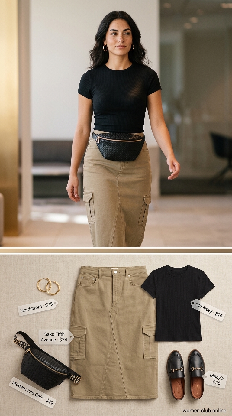 Olive green utility skirt, black knit top, and gold hoop earrings for a summer business casual outfit for women 2026.