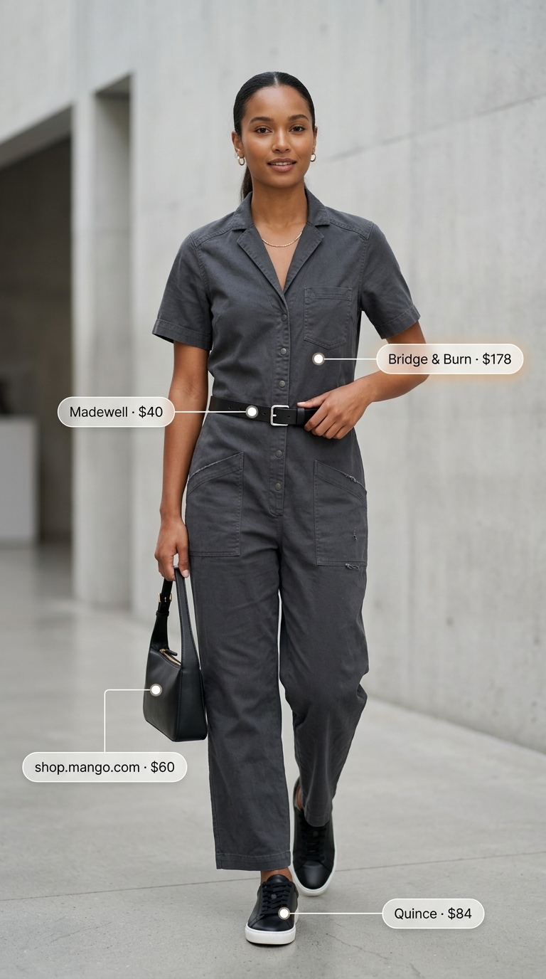 Utility chic jumpsuit outfit inspo summer for women 2026: Charcoal grey, silver necklace, leather sneakers.