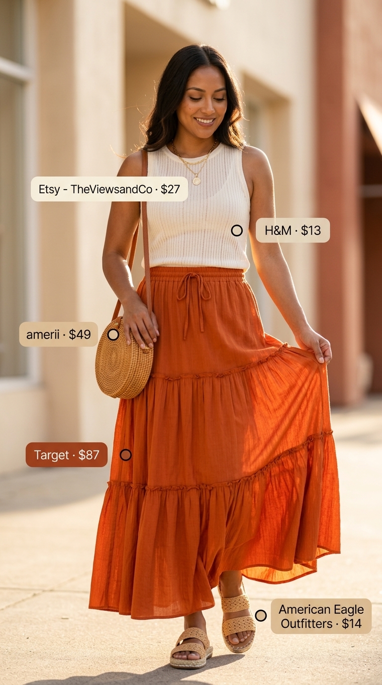 Boho beach club outfit inspo summer for women 2026: Terracotta maxi skirt, cream tank, straw bag.