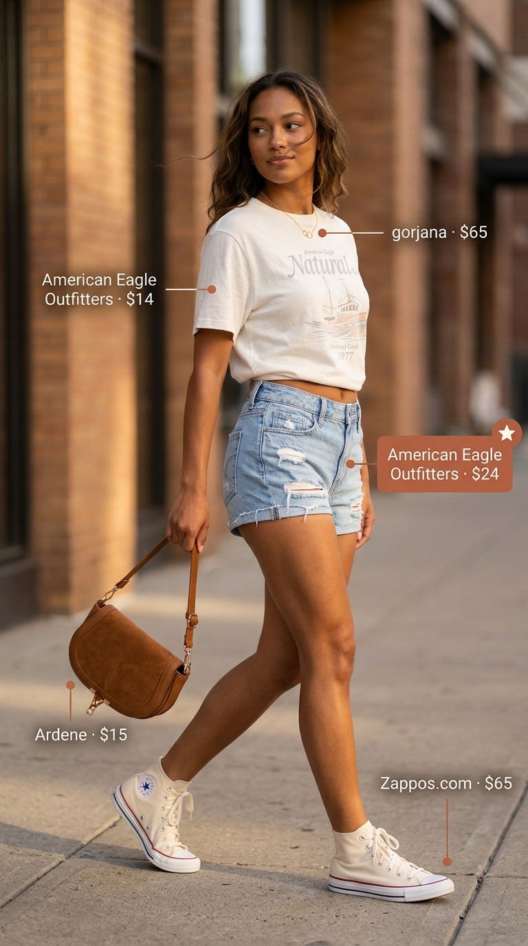 Street style outfit inspo summer for women 2026: Retro denim shorts, graphic tee, high-tops, and saddle bag for a concert or day out.