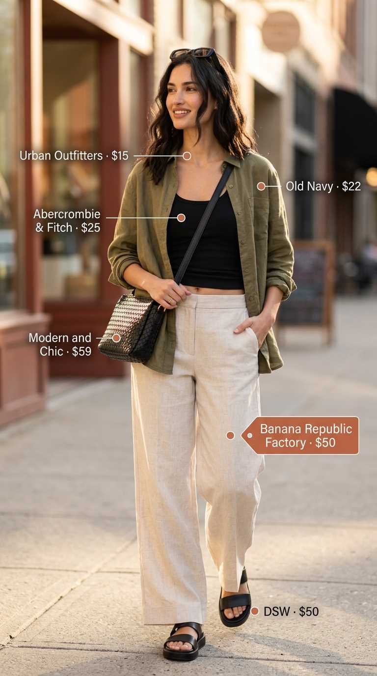 Downtown city outfit inspo summer for women 2026: Cream trousers, olive shirt, platform sandals.