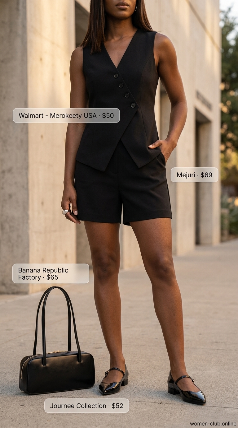 Street style outfit inspo summer for women 2026: Black linen vest and shorts set, mules, and statement jewelry for a chic look.
