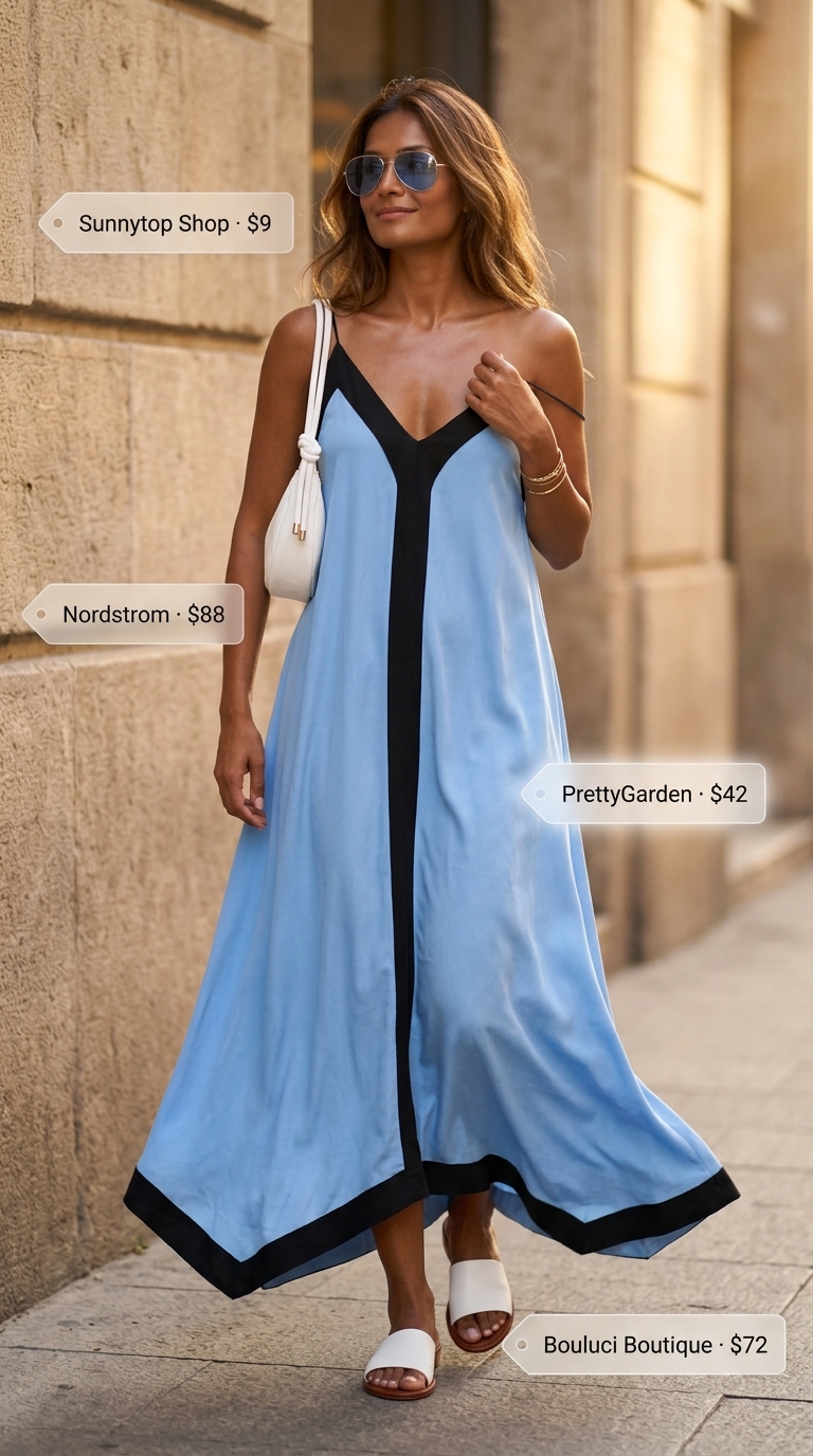 Street style outfit inspo summer for women 2026: Sky blue maxi dress, white shoulder bag, slide sandals, and aviators for a relaxed vibe.