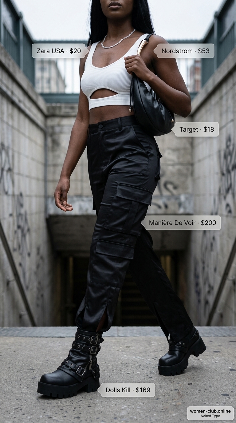 Edgy urban outfit inspo summer for women 2026: Cargo pants, crop top, combat boots.