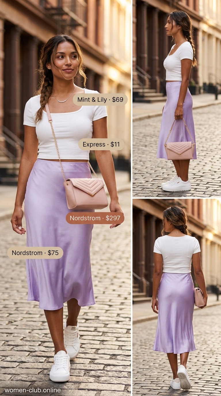 Street style outfit inspo summer for women 2026: Lavender satin midi skirt, white crop top, and white sneakers for brunch.