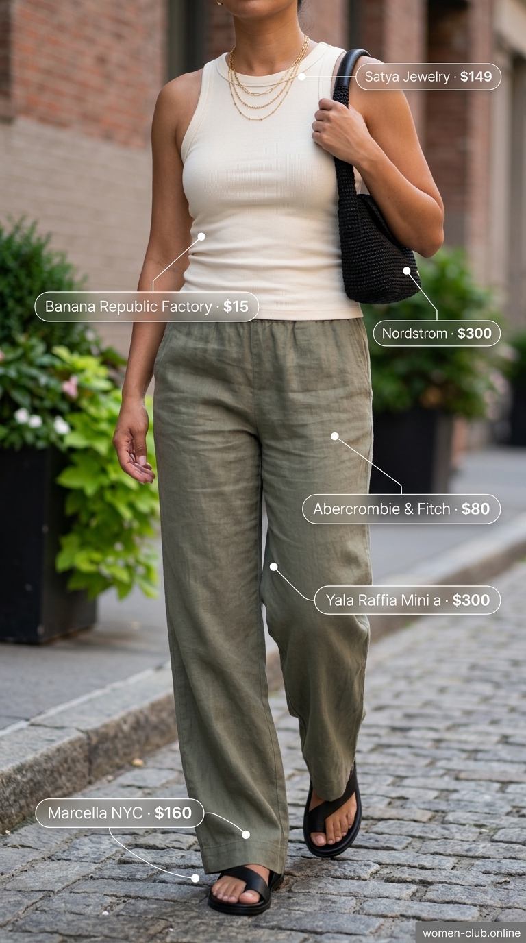 Khaki green wide-leg pants, cream tank, and black slides for street style outfit inspo summer for women 2026.
