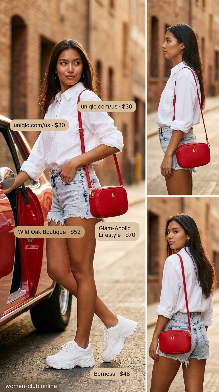 Light denim shorts, oversized white shirt, and cherry red bag for street style outfit inspo summer for women 2026.