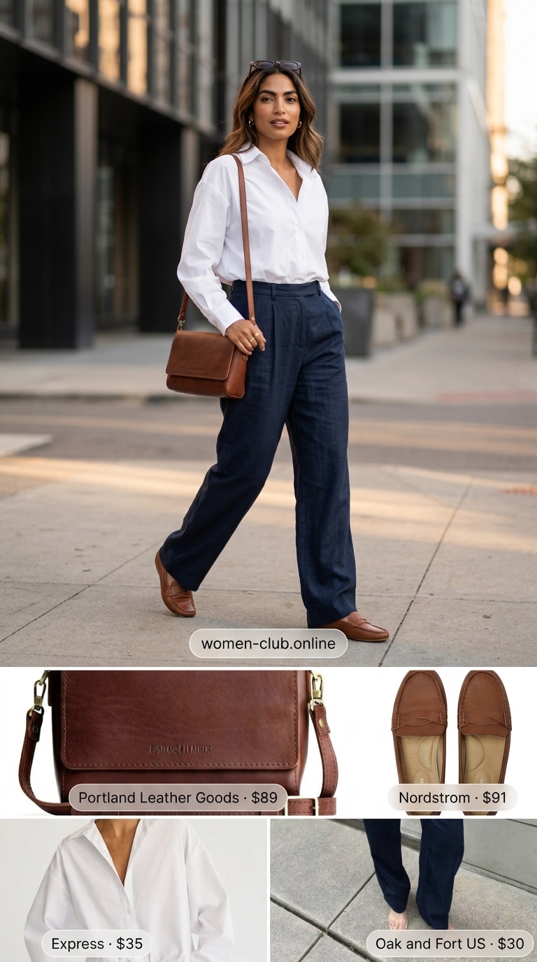 Navy blue trousers, white shirt, and cognac loafers for street style outfit inspo summer for women 2026.
