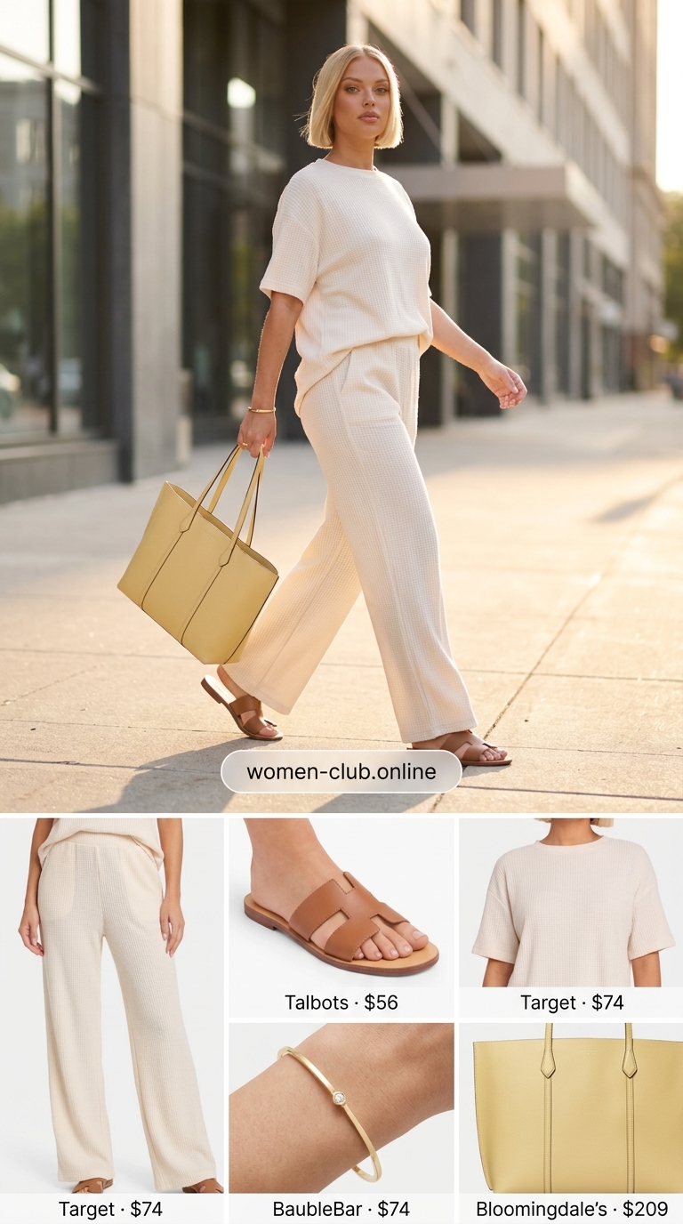 Cream matching set, tan slides, and beige tote for street style outfit inspo summer for women 2026.
